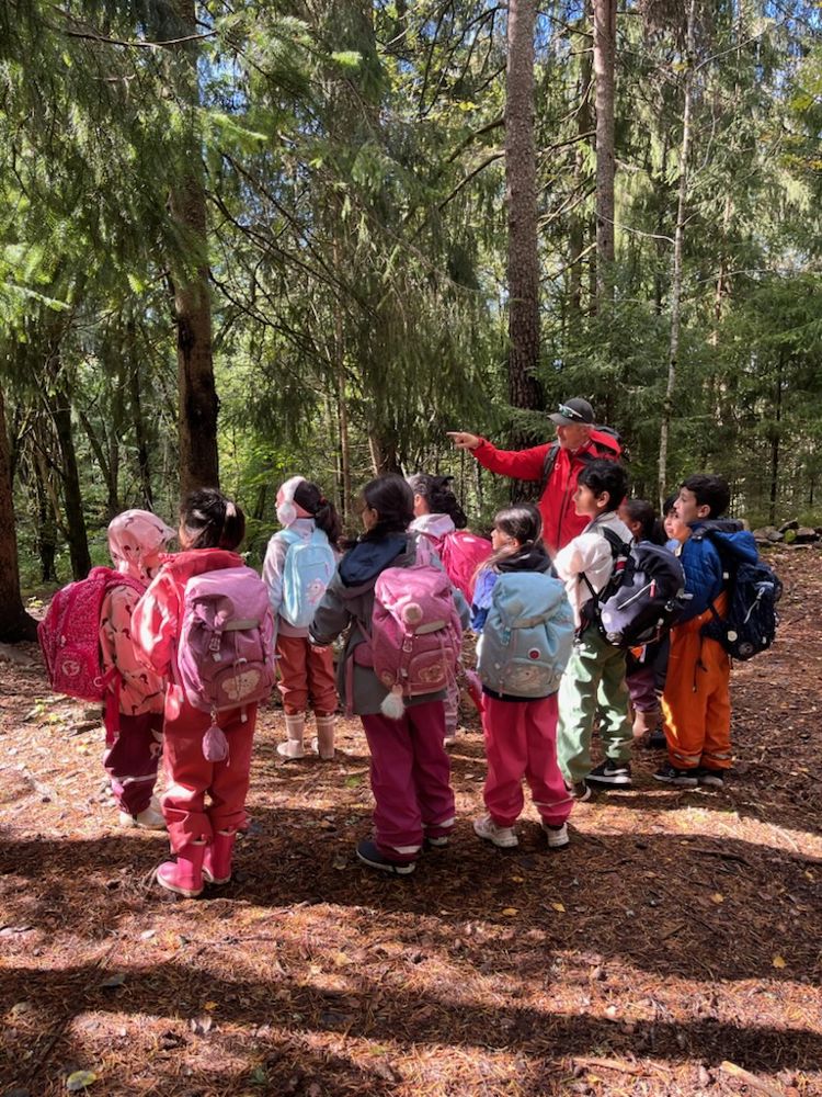 En gruppe mennesker som står i en skog